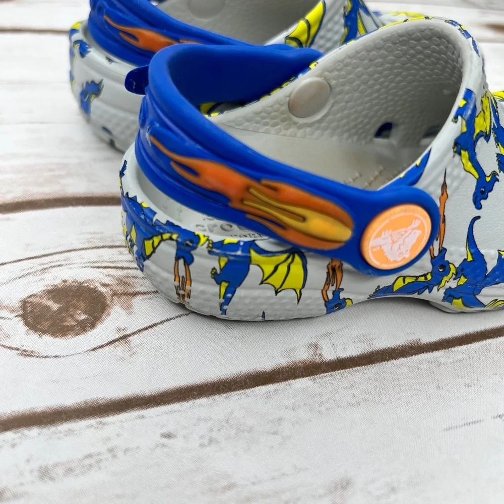 Crocs Clogs Gray Blue Dragon Fire Print Kids Boys Shoes Size C12
